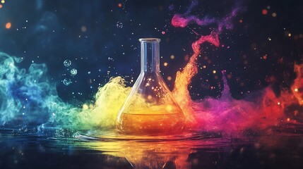 Ethereal Alchemy: Rainbow Fluid Explosion in Erlenmeyer Flask
