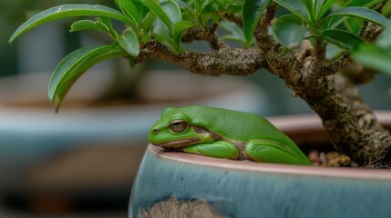 Green frog rests in bonsai pot