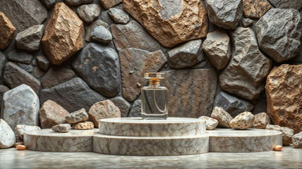 Exhibition Podium, stand, on pastel light аrchitectural background for premium product -3D render. Unobtrusive botanical background with shadows, natural stones on the wall -trend frame, cover, card.
