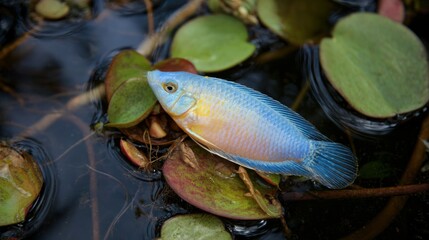 Blue fish, lifeless, still water, plant leaves