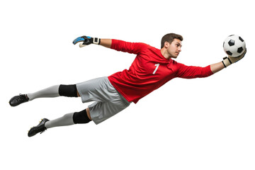 Male soccer goalkeeper diving to make a save isolated on transparent background