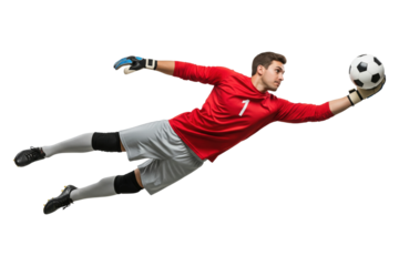 Male soccer goalkeeper diving to make a save isolated on transparent background