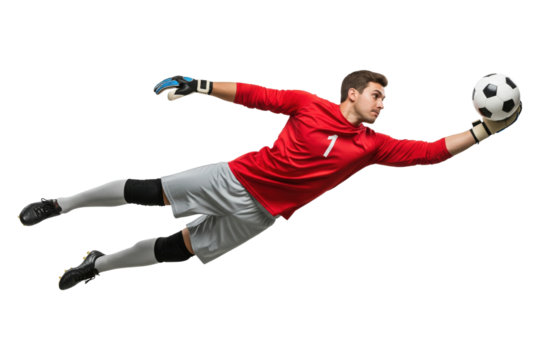 Male soccer goalkeeper diving to make a save isolated on transparent background - Powered by Adobe