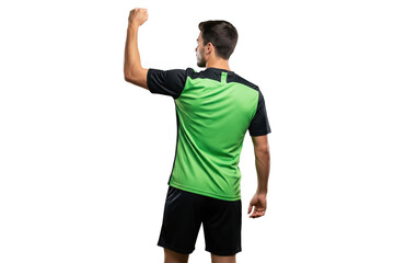 Back view of male soccer player flexing in green jersey isolated on transparent background