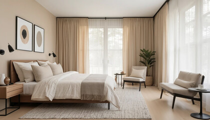 Neutral tone bedroom with curtain backdrop