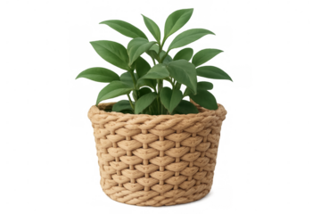 Lush zz plant growing in wicker pot, providing verdant accent against transparent backdrop for minimalist interior design
