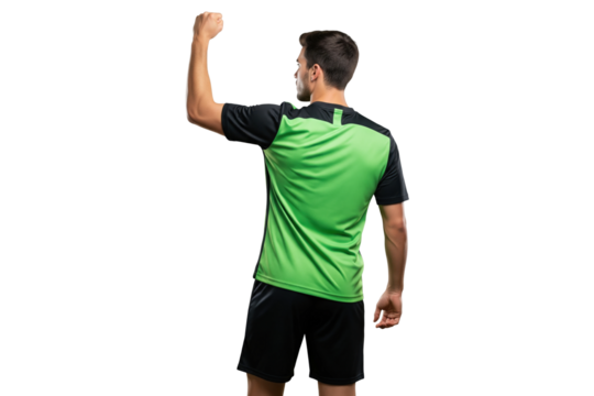 Back view of male soccer player flexing in green jersey isolated on transparent background - Powered by Adobe