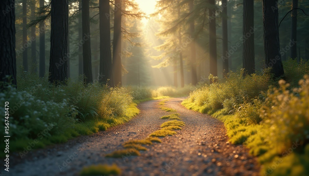 Aufkleber Sunlight Streaming Through Trees in Serene Forest Path