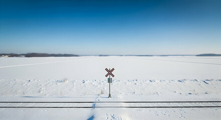 Winter's Rail Crossing: Frozen Landscape Underneath a Blue Sky Near Train Tracks
