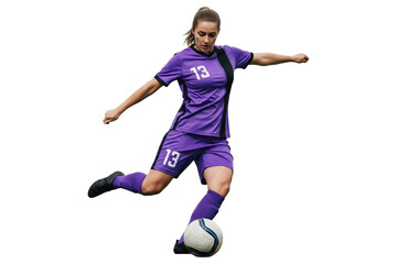 Female soccer player in purple uniform kicking ball isolated on transparent background