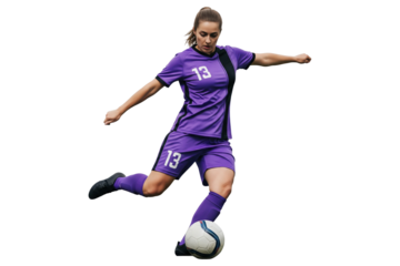 Female soccer player in purple uniform kicking ball isolated on transparent background
