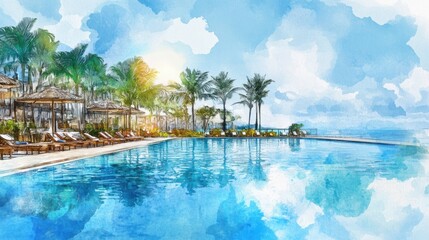 Serene tropical resort swimming pool with lounge chairs and palm trees