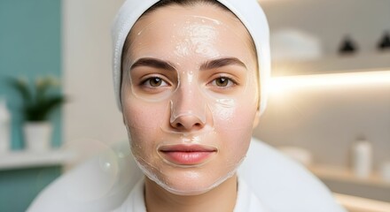 Close-up of a woman with a transparent hydrating facial mask during a skincare treatment. Her eyes are open and relaxed