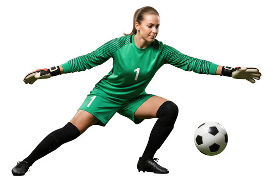 Female soccer goalkeeper in green jersey preparing to block ball isolated on white