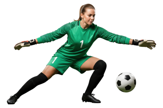 Female soccer goalkeeper in green jersey preparing to block ball isolated on white