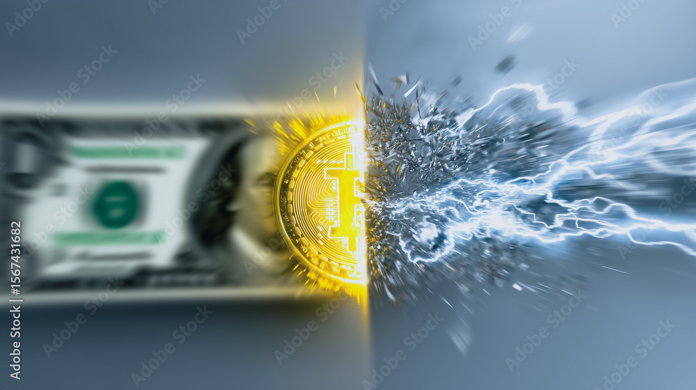 Poster bitcoin vs dollar: a symbolic image contrasting the traditional dollar bill with a gleaming bitcoin,