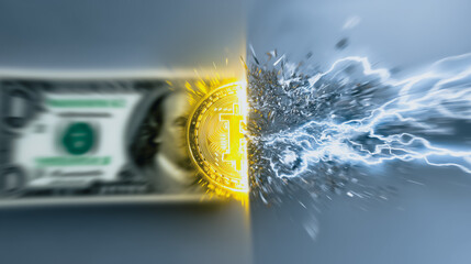 Bitcoin vs Dollar: A symbolic image contrasting the traditional dollar bill with a gleaming bitcoin, both split by crackling electricity, representing the dynamic evolution of currency and finance.