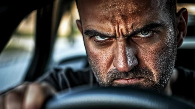 Angry Driver Grips Steering Wheel with Sharp Eyes