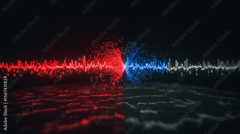 Poster red blue energy collision: abstract clash of red and blue energy particles, creating a visually stri