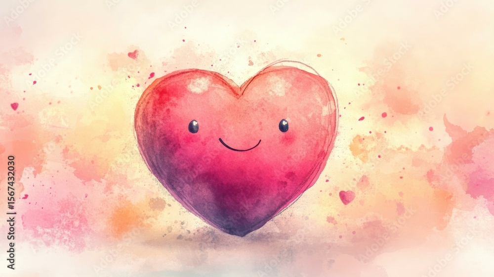 Poster Smiling heart with scattered hearts on painted background