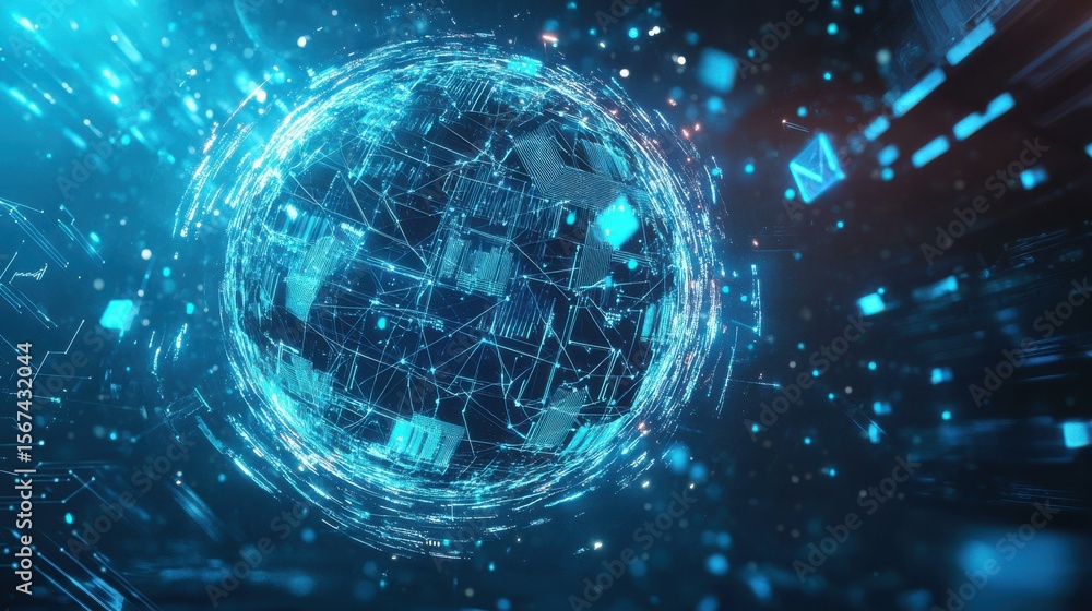 Poster glowing digital globe with data streams and email icons at night