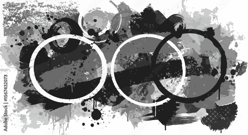 Aufkleber monochrome abstract composition featuring overlapping circles and paint splatters