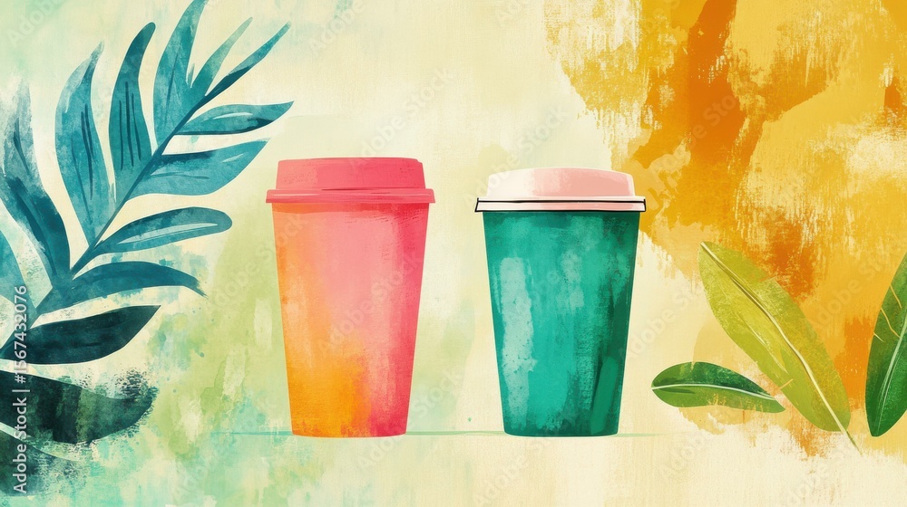 Poster two colorful cups on abstract tropical background