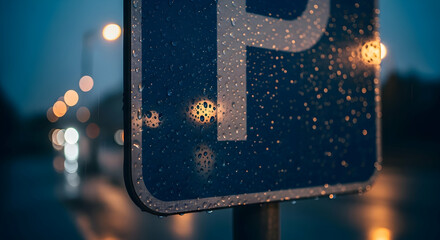 Parking Sign In The Rain On City Streets With Bokeh Lights In The Background