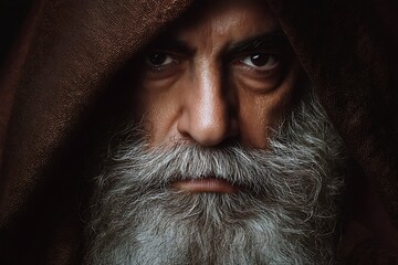 Intense Close-up Portrait of a Bearded, Hooded Old Man