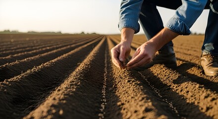 Close-up of a farmer's hands carefully planting a small seedling into fertile soil
