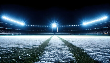 A snowcovered football field at night, brightly lit by stadium lights