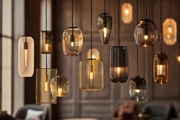 Modern hanging pendant lights in various shapes, creating a cozy and stylish interior lighting ambiance in a contemporary setting.