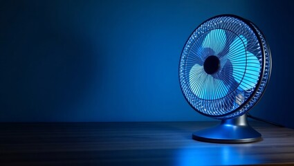 Blue Illuminated Desk Fan on Dark Wood Surface electric fan