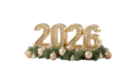 Golden glittery 2026 numbers with christmas ornaments and pine branches isolated on transparent background
