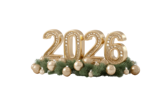 Golden glittery 2026 numbers with christmas ornaments and pine branches isolated on transparent background
