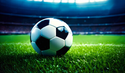 A black and white soccer ball sits on a green grass field in a stadium