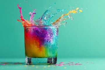 Vibrant Rainbow Liquid Splash in Glass, Turquoise Background