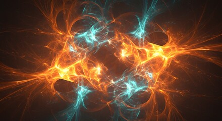 Abstract fractal art with swirling orange and blue energy strands
