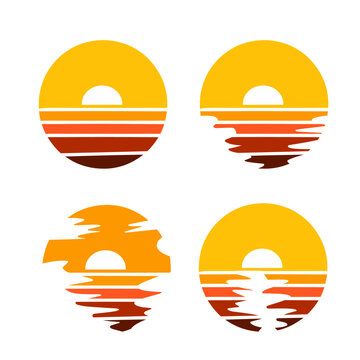 Four circular designs depict abstract sunsets over water with various wave styles and reflections, using yellow, orange, and brown colors