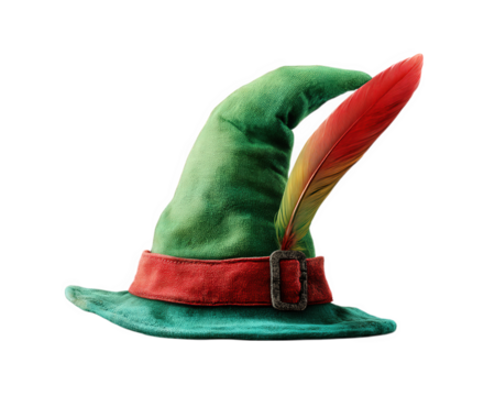 Green hat red band feather pointed fabric isolated festive costume accessory whimsical style playful mood - Powered by Adobe