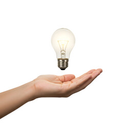 hand holding light bulb isolated on white or transparent background. PNG format.