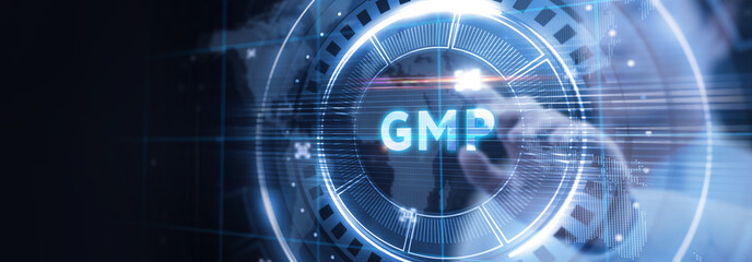 Good manufacturing practice certification quality control on virtual screen. GMP.