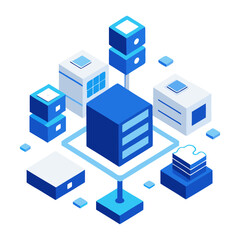 Servers and data storage in blue tones modern technology and information sharing online digital transformation concept vector icon on white background.