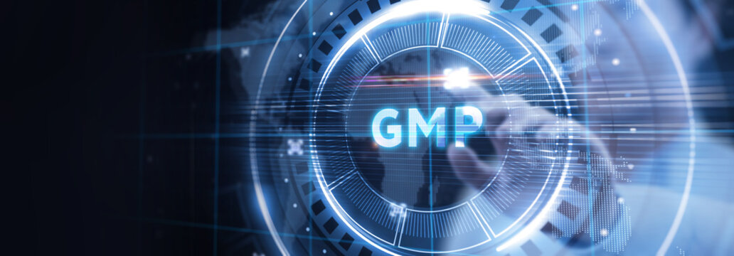 Good manufacturing practice certification quality control on virtual screen. GMP.