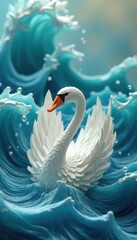 Obraz premium Elegant swan floating on ocean waves during daytime