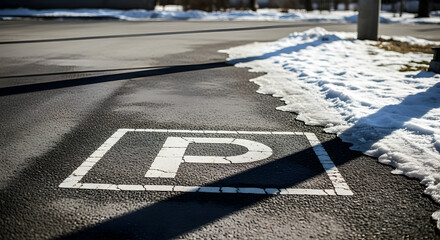 Parking Space Covered with Melting Snow on Cold Asphalt Road Surface