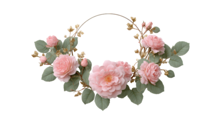 Delicate pink roses and golden leaves form a floral wreath isolated on transparent background