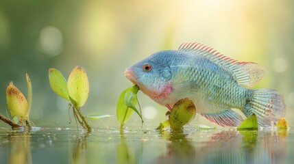 Colorful fish eating aquatic plant