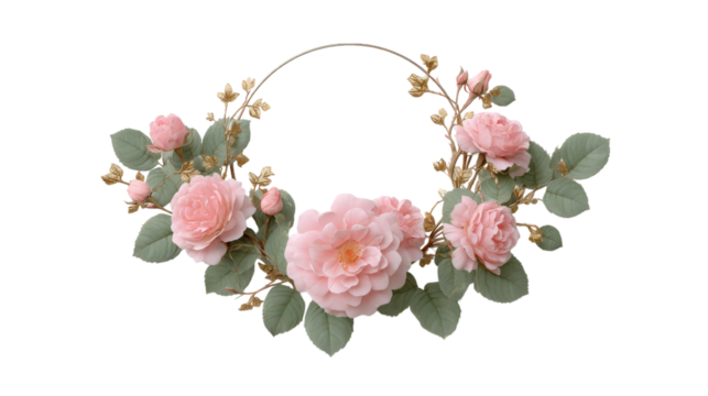 Delicate pink roses and golden leaves form a floral wreath isolated on transparent background