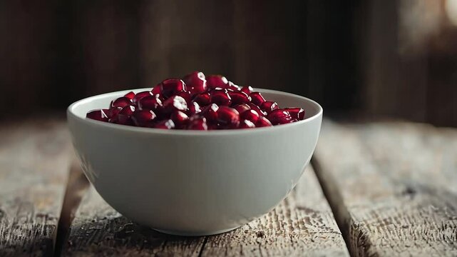 Pomegranate seeds in a white bowl on a rustic wooden surface